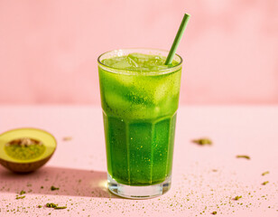 Matcha Sparkle cocktail with vivid green color and edible glitter, combining wellness trends with stylish, modern presentation