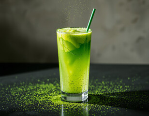 Matcha Sparkle cocktail with vivid green color and edible glitter, combining wellness trends with stylish, modern presentation