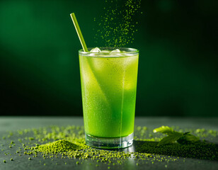 Matcha Sparkle cocktail with vivid green color and edible glitter, combining wellness trends with stylish, modern presentation