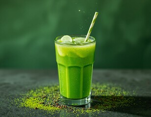 Matcha Sparkle cocktail with vivid green color and edible glitter, combining wellness trends with stylish, modern presentation