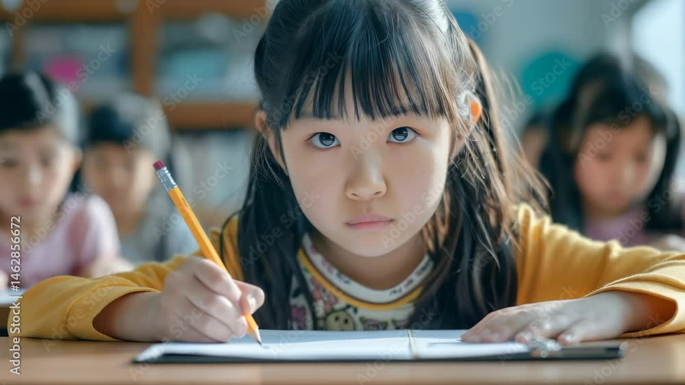 Poster a bright-eyed elementary school student is intently writing on paper using a pencil while sitting at