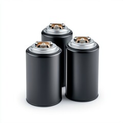 Three Black Battery Canisters on a White Background for Energy Storage