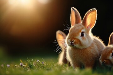 Fototapeta premium Golden hour bunnies nestled amongst flora basking in sunlight serenity
