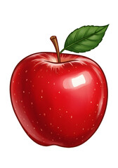 Fresh Red Apple with Glossy Finish and Green Leaf – Isolated on PNG Background.