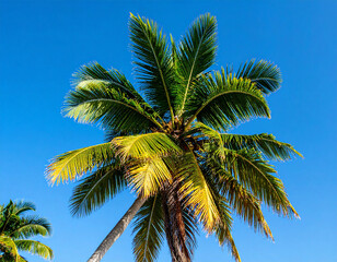 Close-up of a Maldivian coconut palm tree with its fronds gently swaying against a clear blue sky.
