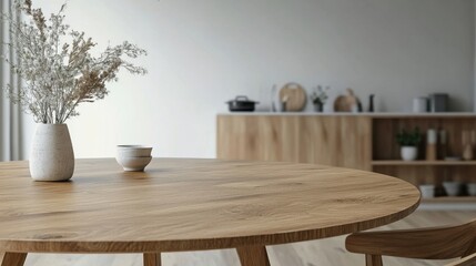 Dining interior with round wooden table, chair, copy space, kitchen items, and home decor accessories