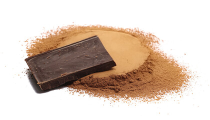 Cocoa powder and dark chocolate pieces isolated on white background, side view