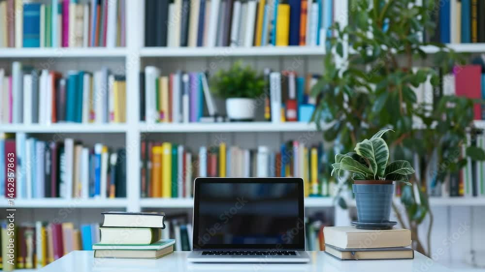 Poster A bright workspace with a laptop centered on a white desk, flanked by stacks of books and potted plants, with a large, full bookshelf in the background creating a scholarly and inviting atmosphere.