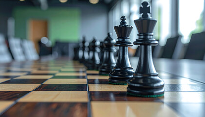 Black chess pieces are aligned on a wooden chessboard, ready for strategy in the meeting room.