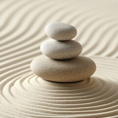 Japanese zen garden features a meditation stone that promotes concentration and relaxation amidst sand and rock for achieving harmony and balance