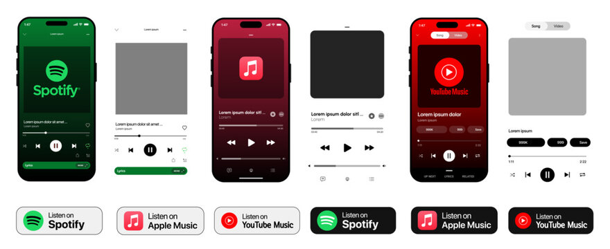 Spotify, YouTube Music, Apple music streaming service mockup with playlist layout, album artwork, and playback controls. Vector illustration of digital music platform user interface for modern audio.