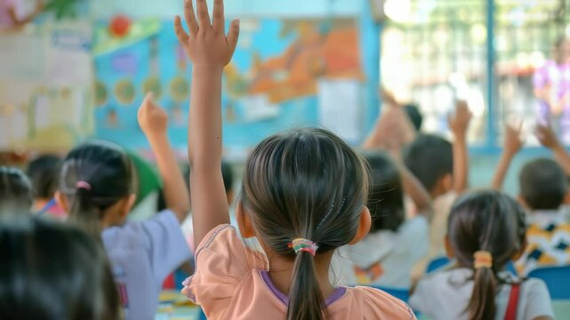 Elementary school students raise hands in classroom setting, suggesting lesson or discussion. Light filters through windows, illuminating their faces , creating lively, interactive atmosphere.