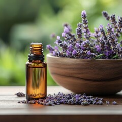 A brown bottle of lavender essential oil is positioned next to a bunch of fresh lavender and a blurred blue bowl containing dried buds on a wooden table image
