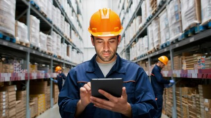 Warehouse worker wearing protective helmet using digital tablet for managing inventory and logistics standing between shelves with goods in storage room - Powered by Adobe