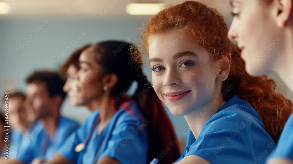 Poster a diverse group of students wearing blue scrubs are attentively participating in a classroom setting