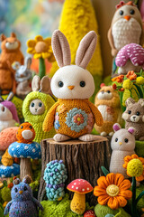 Whimsical Plush Garden Scene with Forest Creatures and Mystical Characters