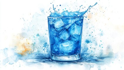 Clear water flows into a glass, creating a splashy and rippled effect, captured in a delicate watercolor illustration set against a light background, symbolizing refreshment and purity in the artwork