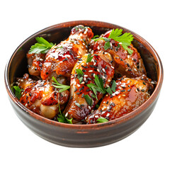 Sticky Honey Garlic Chicken Wings with Sesame and Herbs on a transparent background 