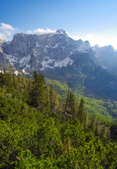 Scenic summer landscape of Mangart mountain (2679m), Triglav National Park, Julian Alps, Europe