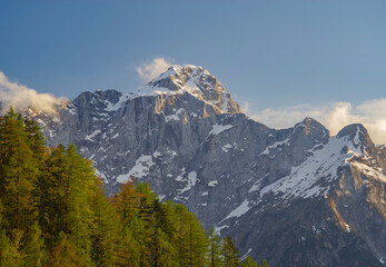 Scenic summer landscape of Mangart mountain (2679m), Triglav National Park, Julian Alps, Europe	