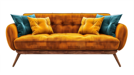 Yellow modern small sofa with pillows isolated on transparent background