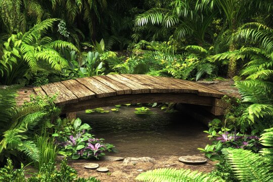 A wooden bridge with a Japanese design spans a creek at a garden in Victoria, British Columbia, Canada, featuring a jagged path to deter evil spirits