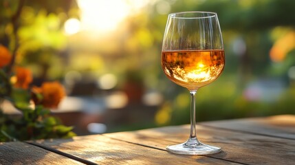 A glass of white wine sits on a wooden table outside