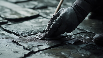Hand in Glove Applying Cement to a Cracked Surface