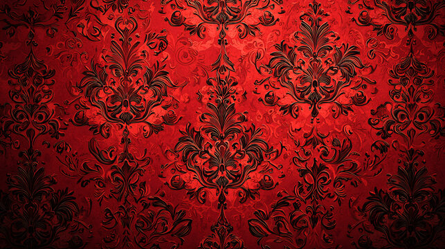 Ornate red and black damask pattern with floral and scroll designs creates a luxurious vintage texture.