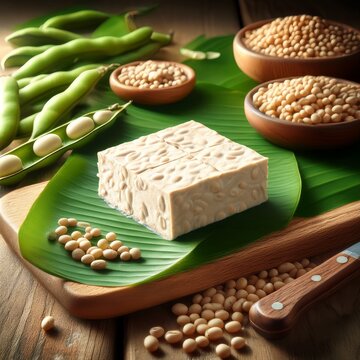 Ungeschnittener Tempeh auf Bananenblatt mit Sojabohnen