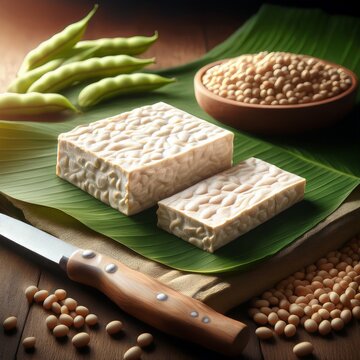 Ungeschnittener Tempeh auf Bananenblatt mit Sojabohnen