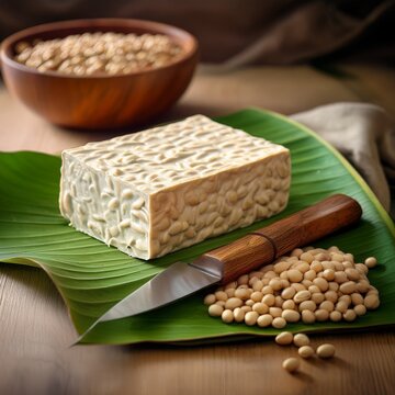 Ungeschnittener Tempeh auf Bananenblatt mit Sojabohnen