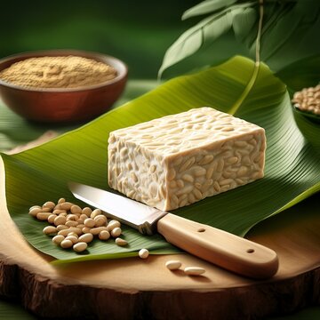 Ungeschnittener Tempeh auf Bananenblatt mit Sojabohnen