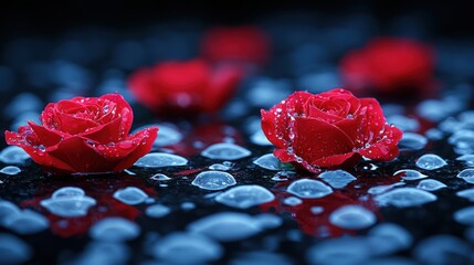 Red roses shine, dew-kissed petals resting softly