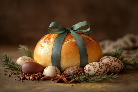 The Easter table features a traditional Portuguese Easter cake called Folar, which contains no eggs, along with a green ribbon and a small bowl of fennel seeds