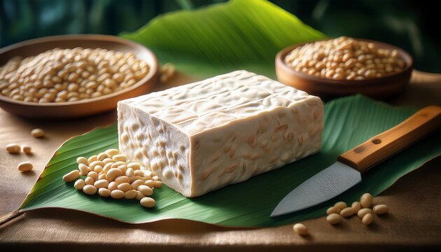Ungeschnittener Tempeh auf Bananenblatt mit Sojabohnen