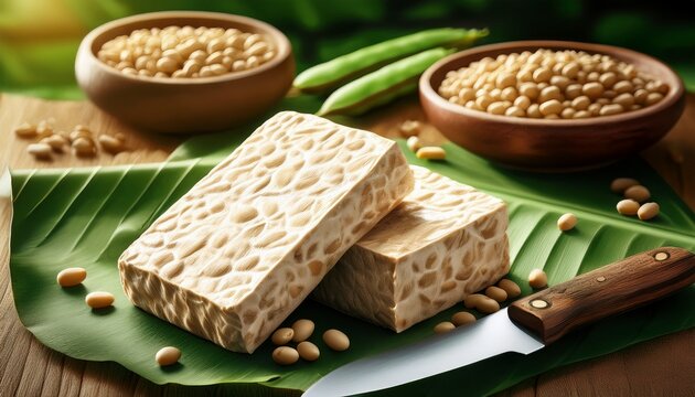 Ungeschnittener Tempeh auf Bananenblatt mit Sojabohnen
