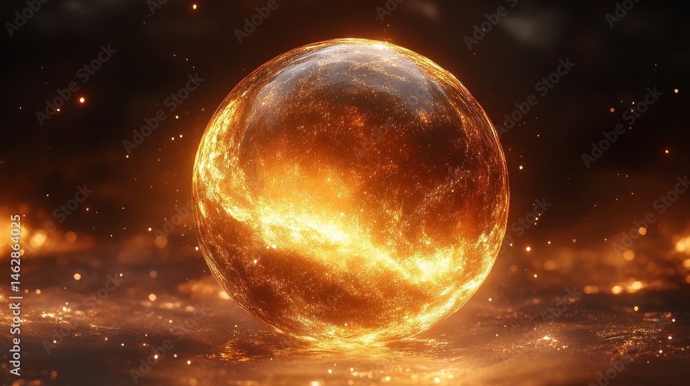 Wall mural a glowing golden sphere floating in a deep black void, futuristic and elegant