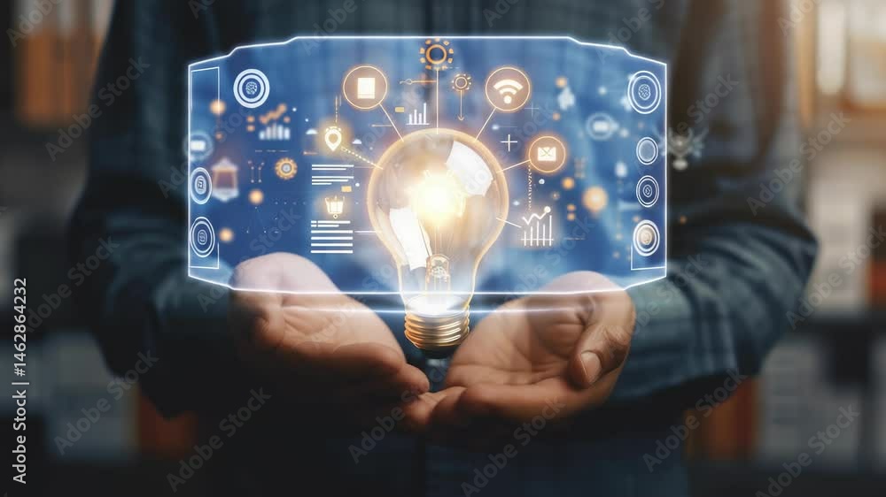 Poster a person holds a luminous light bulb, symbolizing ideas and innovation. digital icons float around, 