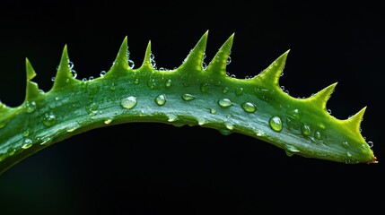Close-up of an aloe vera leaf with droplets of water, showcasing its texture and spines.
