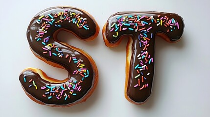 Two large chocolate-covered donuts shaped like the letters "S" and "T," decorated with colorful sprinkles.