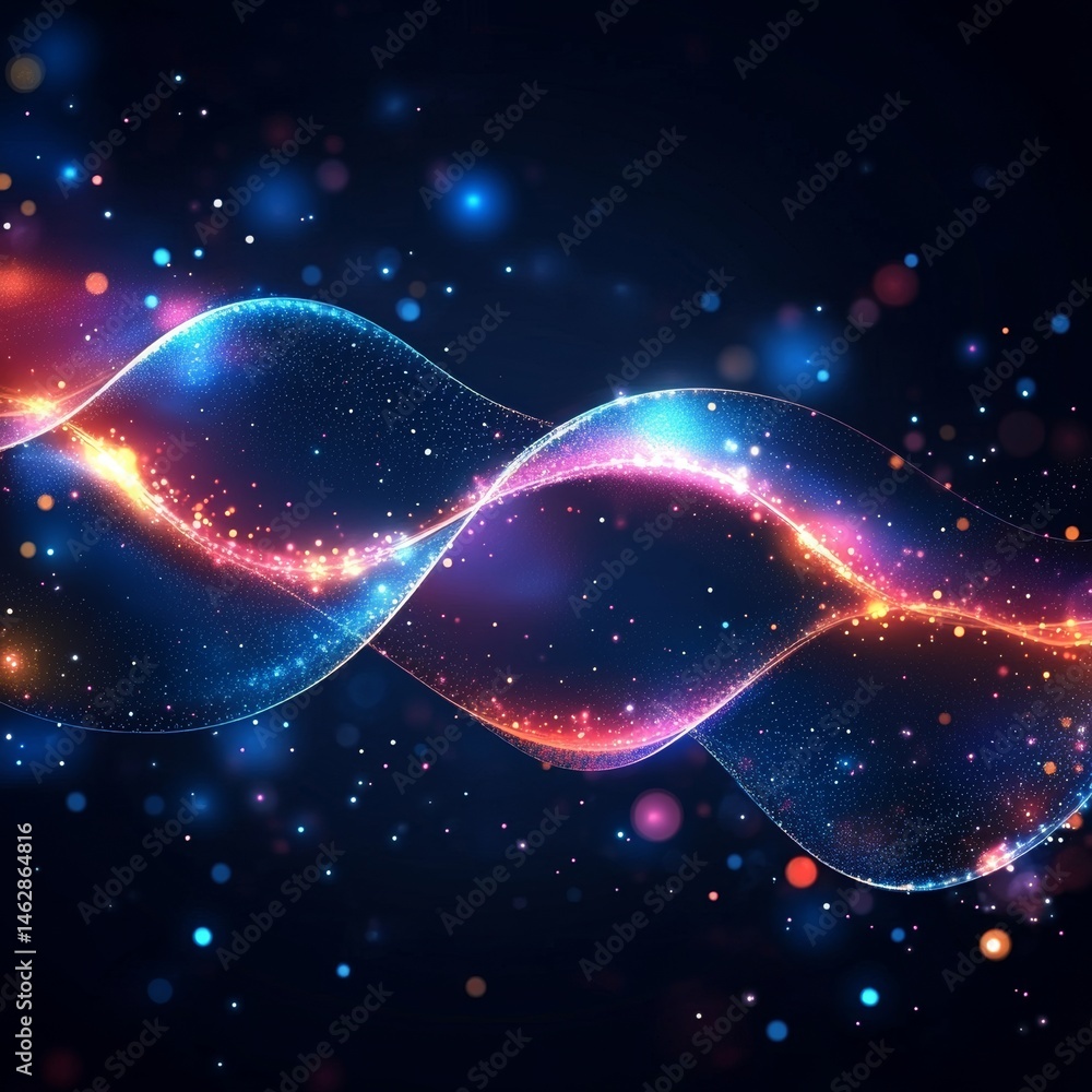 Poster against a dark canvas, a vibrant digital wave comprising particles in pink and blue hues flows dynam