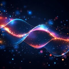 Obraz premium Against a dark canvas, a vibrant digital wave comprising particles in pink and blue hues flows dynamically, symbolizing the realm of data and abstract technology