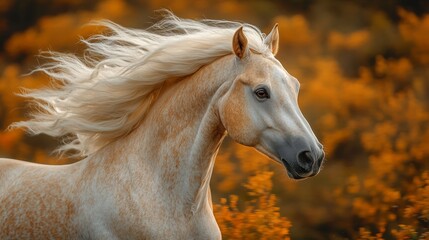Obraz premium A golden palomino horse shaking its head, its mane rippling beautifully.