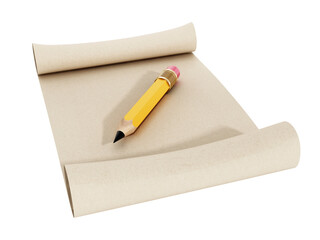 Multi colored pencils standing on rolled paper on transparent background