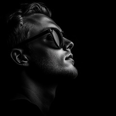 In the image, a young woman with a shaved head is seen wearing sunglasses, captured in a close-up, black and white portrait, against a dark background