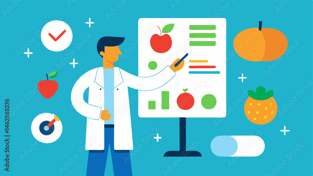 Poster healthy lifestyle graphics the doctor using a flip chart displaying illustrations of healthy foods e