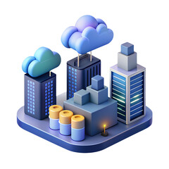 Naklejka premium Cloud Computing Cityscape Isometric 3D Illustration of Data Centers and Cloud Storage