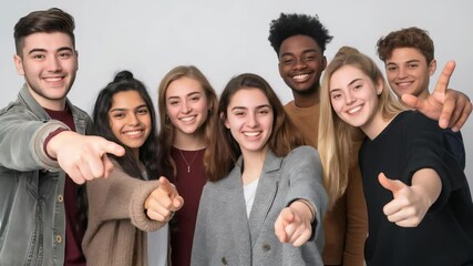 A cheerful group of diverse young people smiles and points at the viewer in front of a light background, conveying positive emotions and connection. Their expressions are happy and engaging.