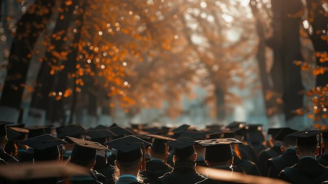 A crowd of graduates wearing black gowns and mortarboards stand in a forest. Golden light filters through autumn foliage, creating a hopeful and bright atmosphere of graduation.